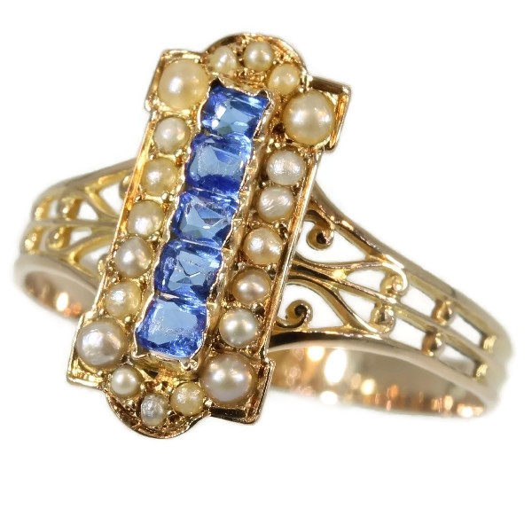 Victorian gold antique ring with blue strass and half seed pearls
